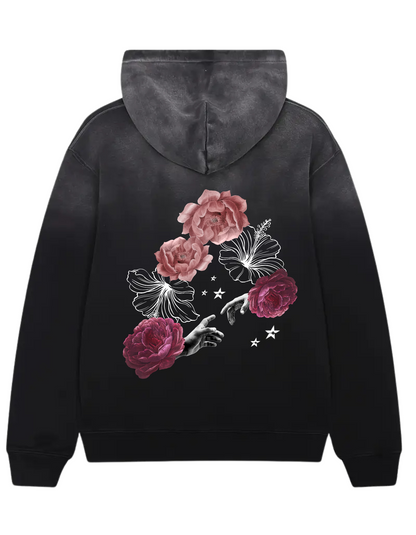 Vintage Black Hooded Sweatshirt with Flower Hand Design