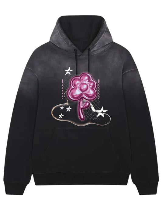 Vintage Black Hooded Sweatshirt with Bubble Flower Design